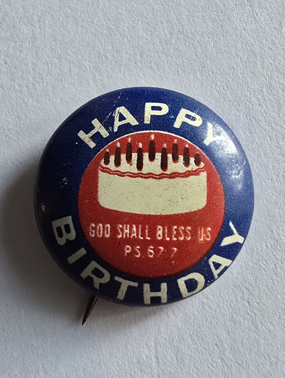 Vintage pin Happy Birthday God Shall Bless Us badge pinback religious christian